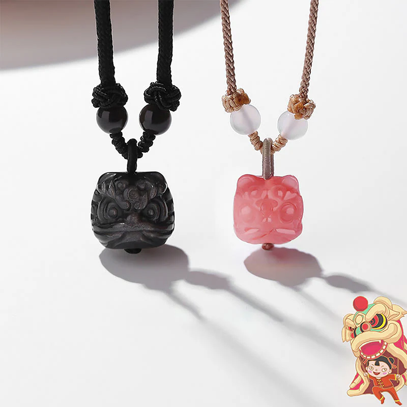 Collana con ciondolo di protezione leone danzante in agata rossa e ossidiana lucida in argento naturale Buddha Stones - Image 9