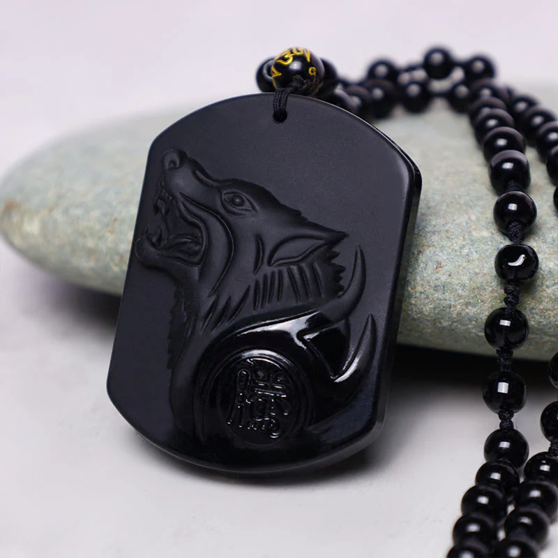 Collana con ciondolo di purificazione del lupo in pietra di ossidiana nera Buddha Stones - Image 6
