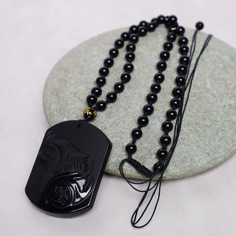 Collana con ciondolo di purificazione del lupo in pietra di ossidiana nera Buddha Stones - Image 7