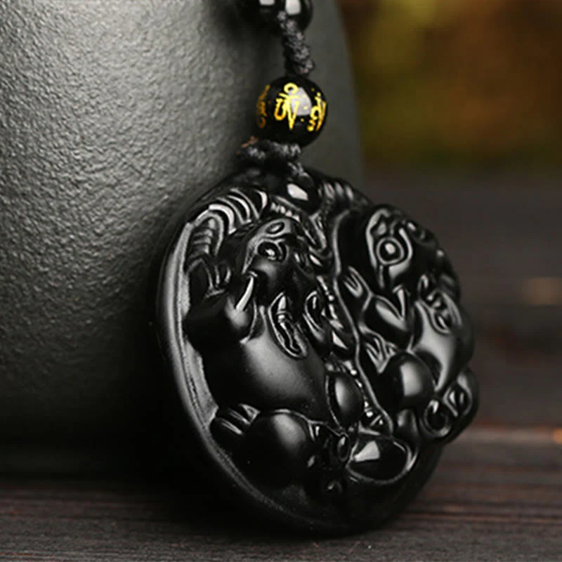 Collana con ciondolo di purificazione in corda con perline di Pixiu in ossidiana nera Buddha Stones - Image 2