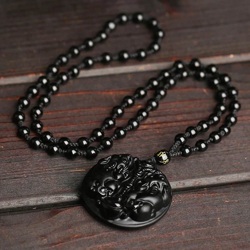 Collana con ciondolo di purificazione in corda con perline di Pixiu in ossidiana nera Buddha Stones - Image 4