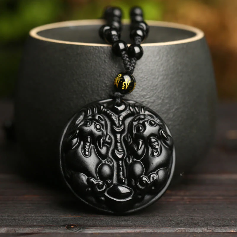 Collana con ciondolo di purificazione in corda con perline di Pixiu in ossidiana nera Buddha Stones - Image 5