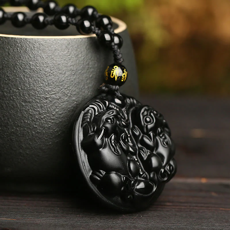 Collana con ciondolo di purificazione in corda con perline di Pixiu in ossidiana nera Buddha Stones - Image 6