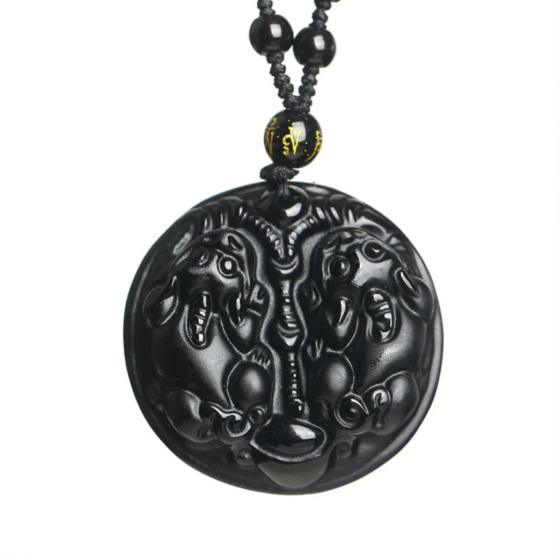 Collana con ciondolo di purificazione in corda con perline di Pixiu in ossidiana nera Buddha Stones - Image 7