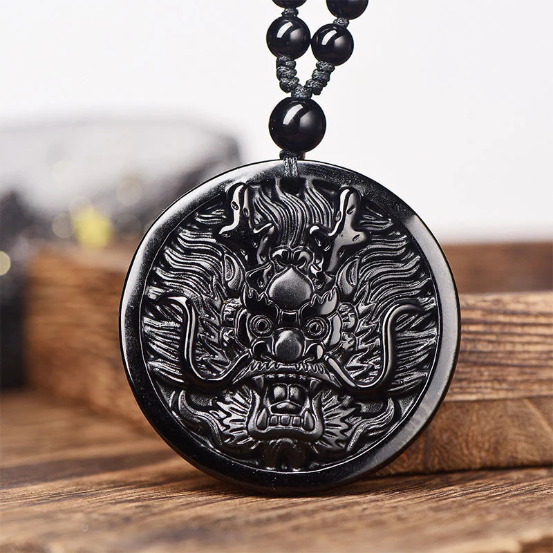 Collana con ciondolo di trasformazione e realizzazione Buddha Stones Dragon Black Obsidian