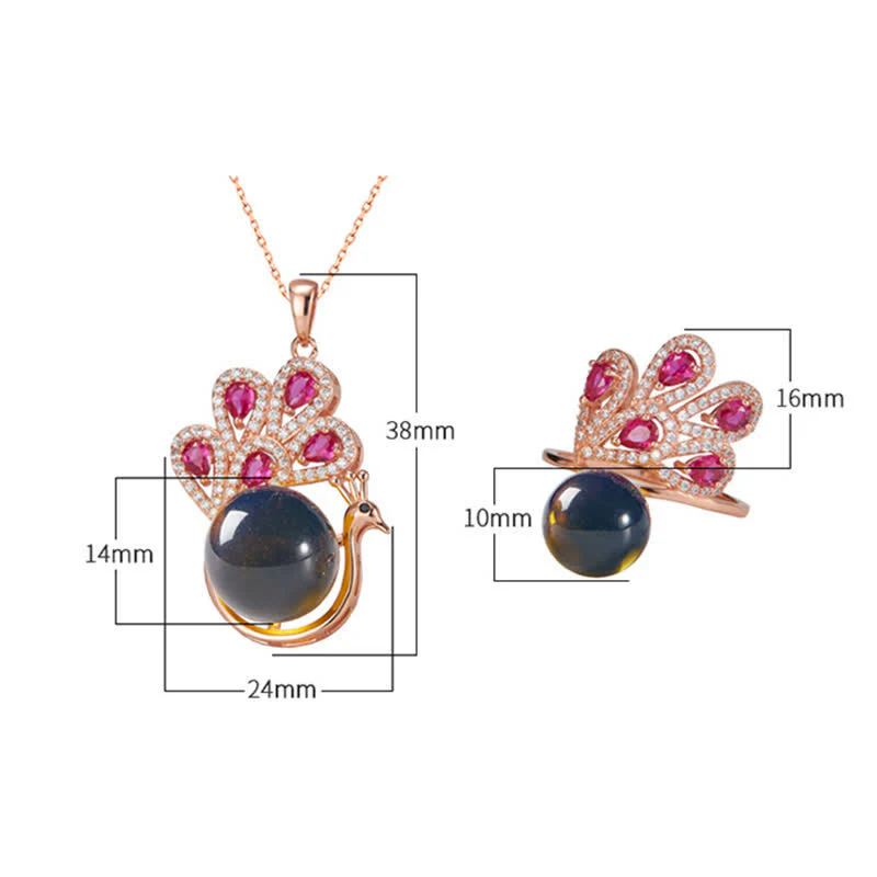 Collana con ciondolo e anello in ambra con pavone e amore e fortuna - Image 8