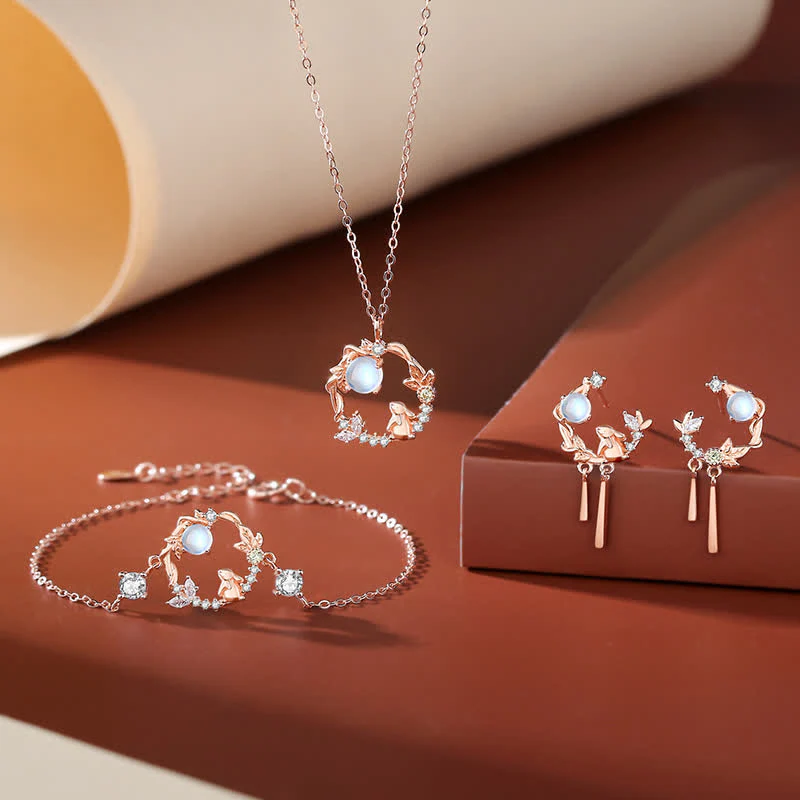Collana con ciondolo e orecchini in argento sterling 925 con motivo a fiori di pietra lunare dell'anno del coniglio - Image 3