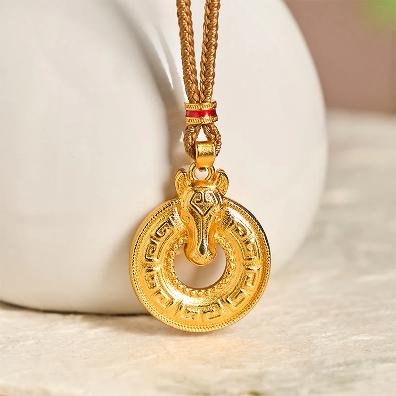 Collana con ciondolo energetico in rame placcato oro con fibbia della pace dell'anno del cavallo Buddha Stones Fu Character - Image 3