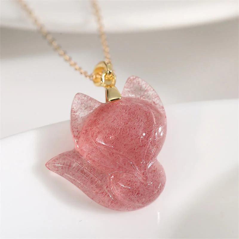 Collana con ciondolo curativo a forma di volpe in quarzo fragola placcato oro 14k, in argento sterling 925 Buddha Stones