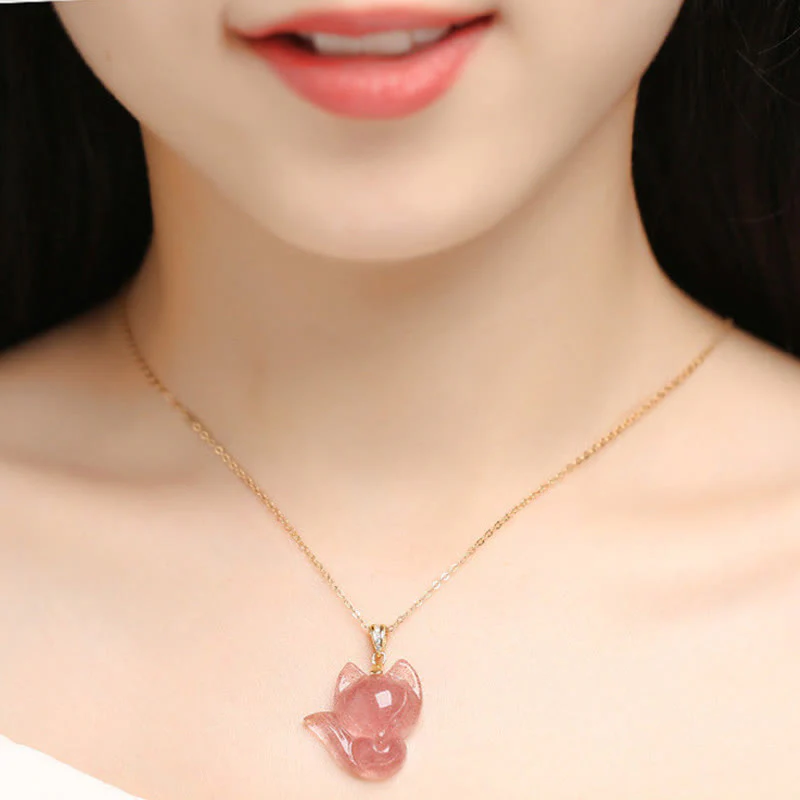Collana con ciondolo curativo a forma di volpe in quarzo fragola placcato oro 14k, in argento sterling 925 Buddha Stones - Image 5