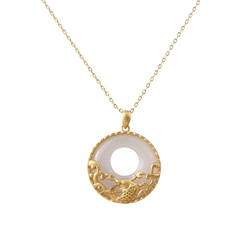 Collana con ciondolo in acciaio al titanio e pesce koi in giada bianca e prosperità