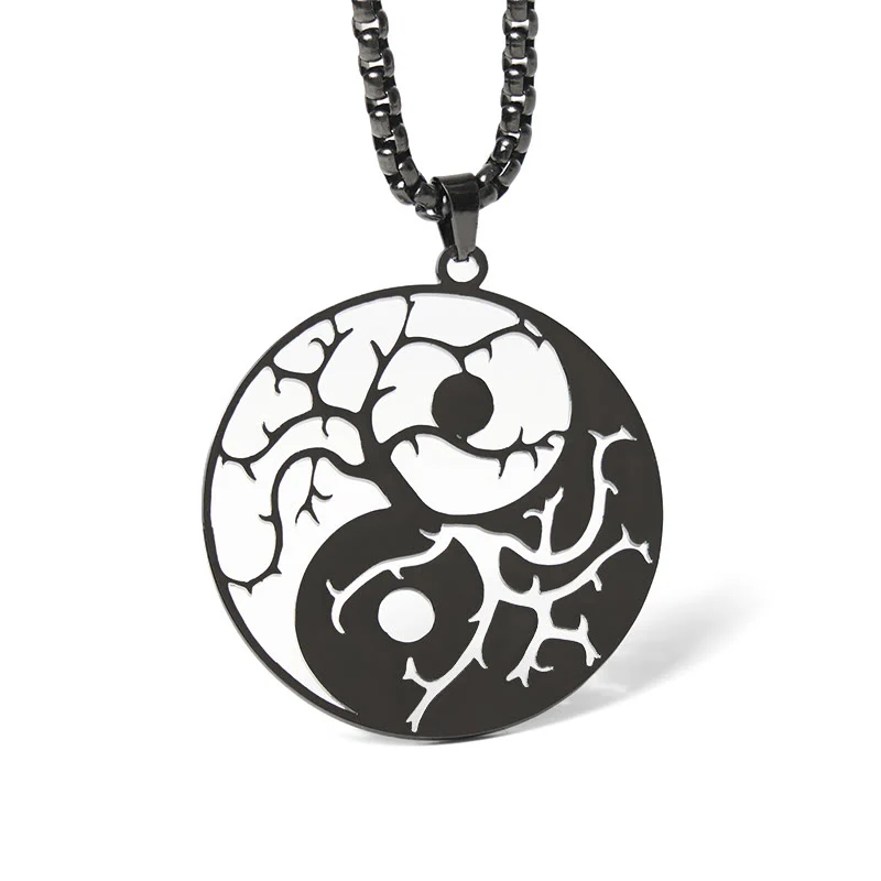 Collana con ciondolo in acciaio inossidabile con rami Buddha Stones e design Yin Yang cavo