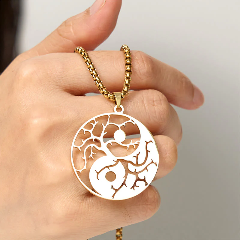 Collana con ciondolo in acciaio inossidabile con rami Buddha Stones e design Yin Yang cavo - Image 19