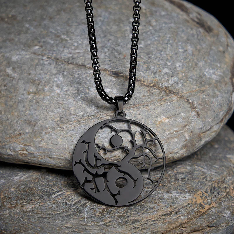Collana con ciondolo in acciaio inossidabile con rami Buddha Stones e design Yin Yang cavo - Image 2