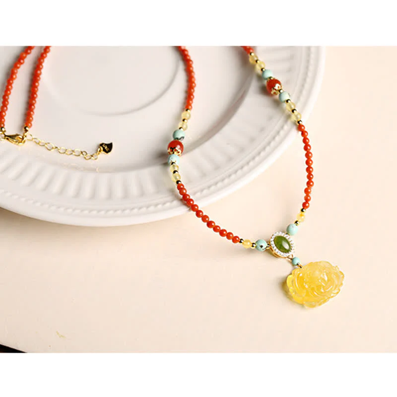 Collana con ciondolo in argento sterling 925 con agata rossa naturale, ambra e peonia, simbolo di fiducia - Image 4