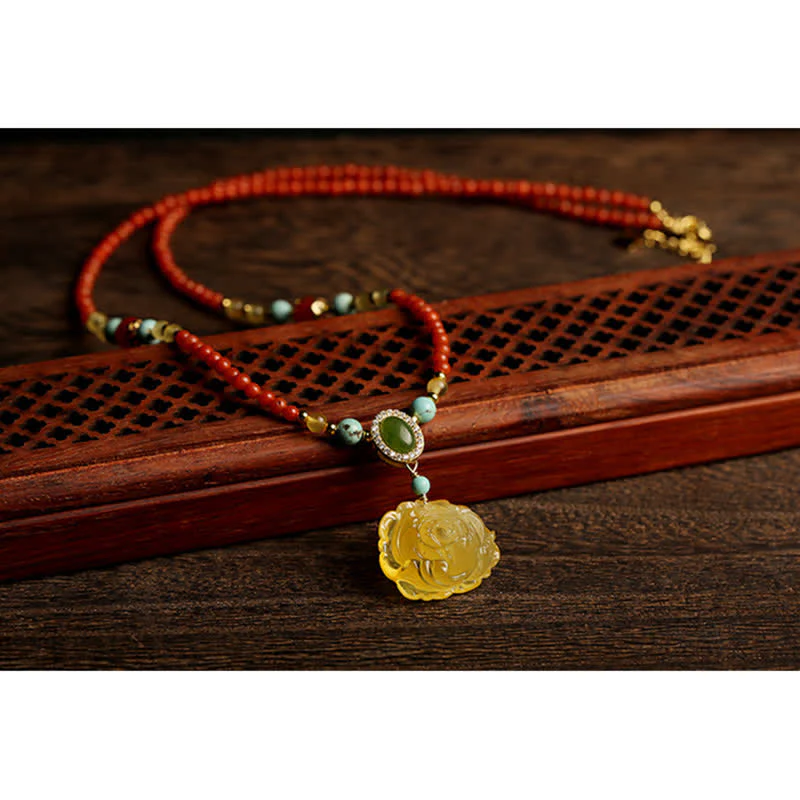 Collana con ciondolo in argento sterling 925 con agata rossa naturale, ambra e peonia, simbolo di fiducia - Image 5