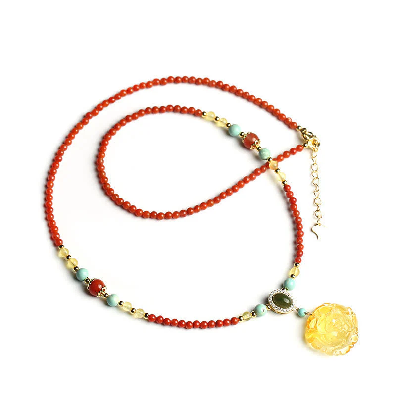 Collana con ciondolo in argento sterling 925 con agata rossa naturale, ambra e peonia, simbolo di fiducia - Image 7