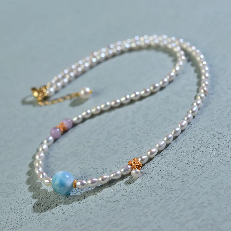 Collana con ciondolo in argento sterling 925 con perle naturali e larimar, motivo: Buddha Stones