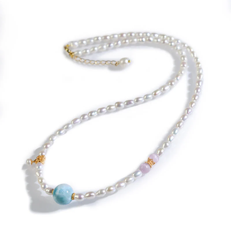 Collana con ciondolo in argento sterling 925 con perle naturali e larimar, motivo: Buddha Stones - Image 10
