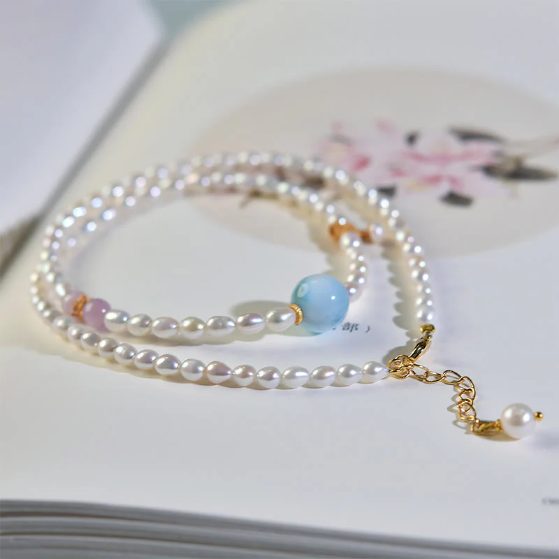 Collana con ciondolo in argento sterling 925 con perle naturali e larimar, motivo: Buddha Stones - Image 2