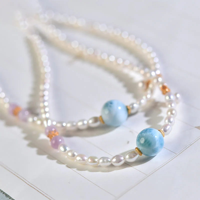 Collana con ciondolo in argento sterling 925 con perle naturali e larimar, motivo: Buddha Stones - Image 3