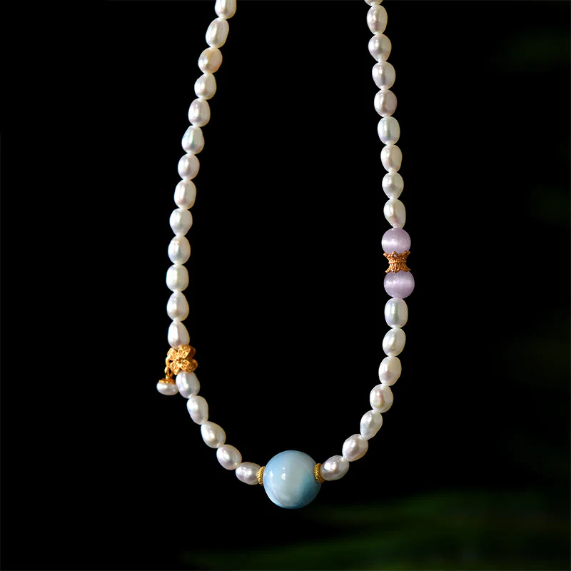 Collana con ciondolo in argento sterling 925 con perle naturali e larimar, motivo: Buddha Stones - Image 4