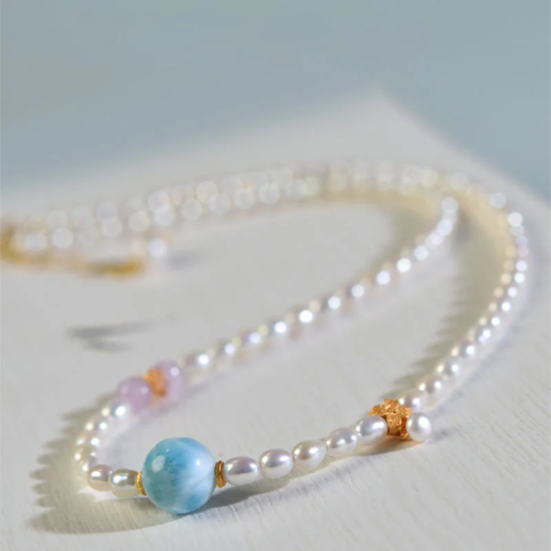 Collana con ciondolo in argento sterling 925 con perle naturali e larimar, motivo: Buddha Stones - Image 7