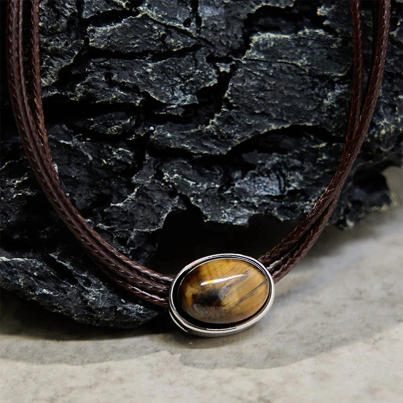 Collana con ciondolo in corda di cera con protezione ellittica in occhio di tigre naturale Buddha Stones - Image 7
