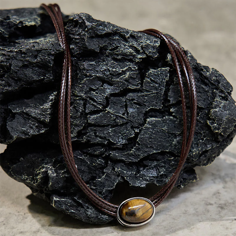 Collana con ciondolo in corda di cera con protezione ellittica in occhio di tigre naturale Buddha Stones - Image 8