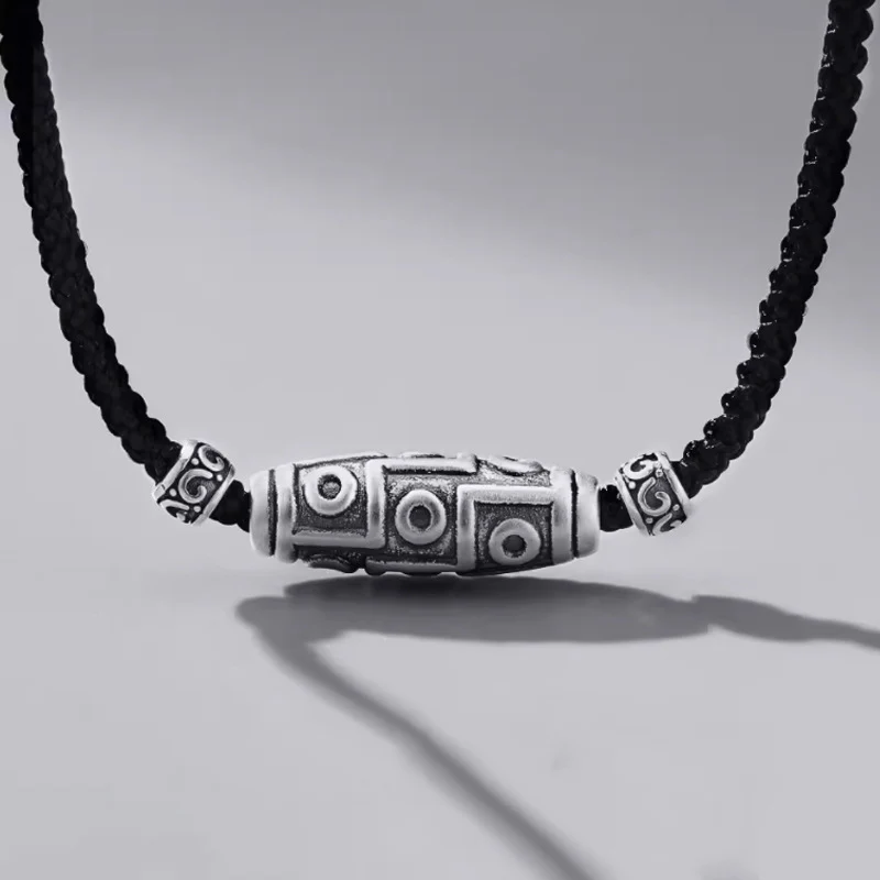 Collana con ciondolo in corda di protezione con motivo a nove occhi Dzi in argento sterling 999 Buddha Stones