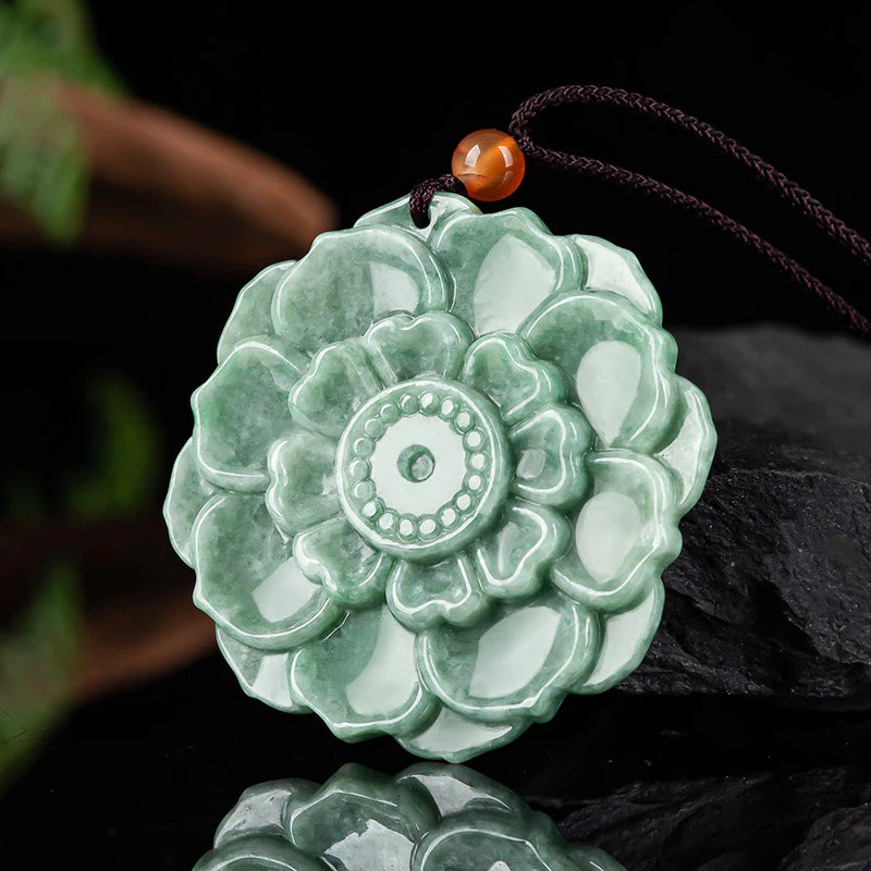 Collana con ciondolo in giada con motivo a loto Buddha Stones, motivo a loto, fortuna e prosperità - Image 2