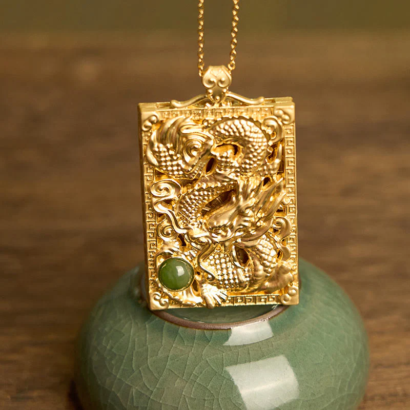 Collana con ciondolo in giada Hetian placcata in oro con Buddha Stones drago - Image 2