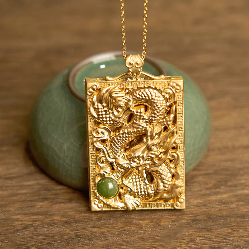 Collana con ciondolo in giada Hetian placcata in oro con Buddha Stones drago - Image 3