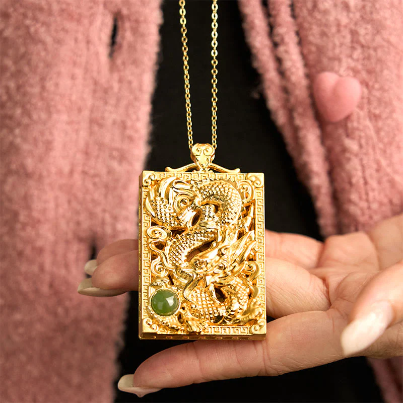 Collana con ciondolo in giada Hetian placcata in oro con Buddha Stones drago - Image 6