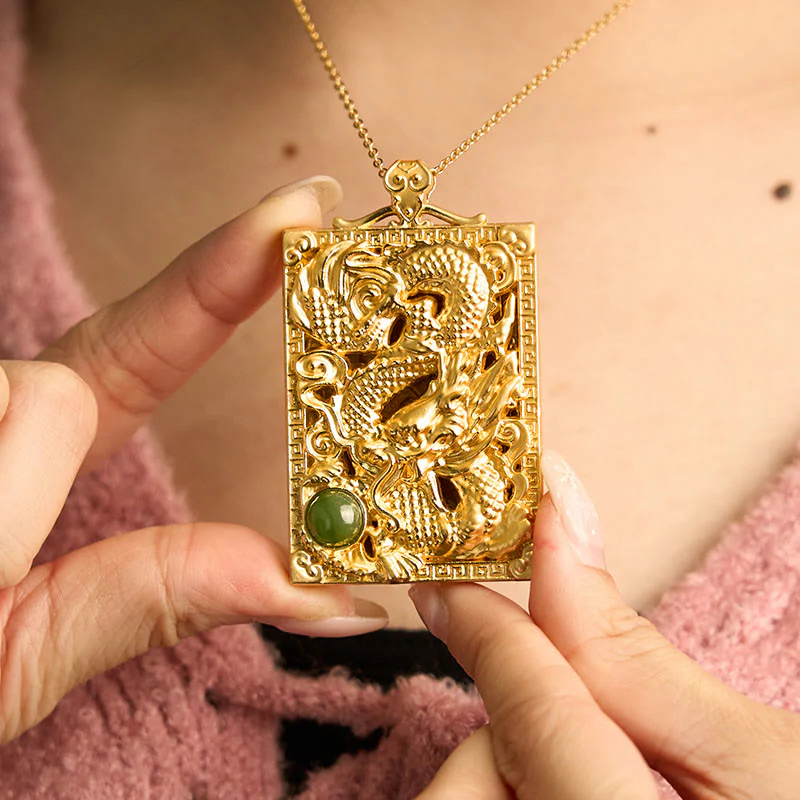 Collana con ciondolo in giada Hetian placcata in oro con Buddha Stones drago - Image 7