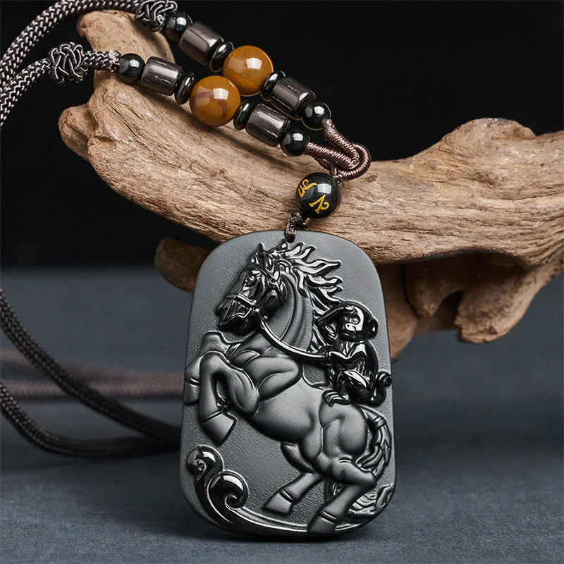 Collana con ciondolo in ossidiana nera con motivo a scimmia dell'anno del cavallo, Om Mani Padme Hum, Buddha Stones - Image 2