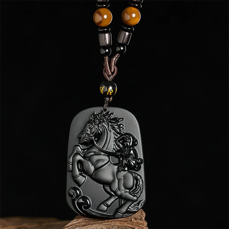 Collana con ciondolo in ossidiana nera con motivo a scimmia dell'anno del cavallo, Om Mani Padme Hum, Buddha Stones - Image 3