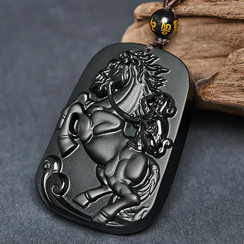 Collana con ciondolo in ossidiana nera con motivo a scimmia dell'anno del cavallo, Om Mani Padme Hum, Buddha Stones - Image 4