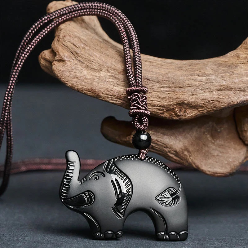 Collana con ciondolo in ossidiana nera con simbolo dell'elefante Buddha Stones intagliate - Image 2