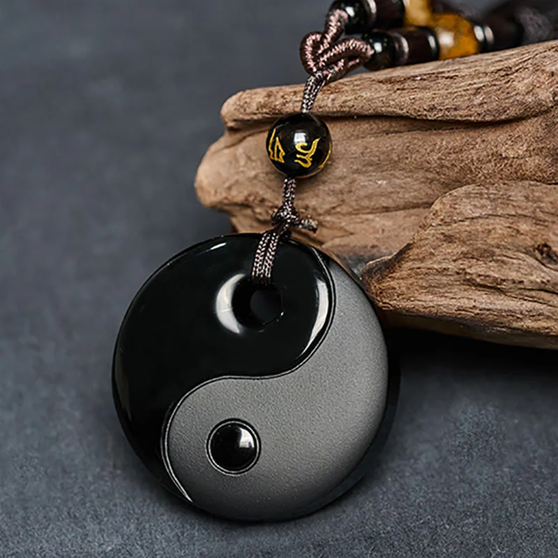 Collana con ciondolo in ossidiana nera con simbolo Yin Yang Buddha Stones Om Mani Padme Hum e forza - Image 4