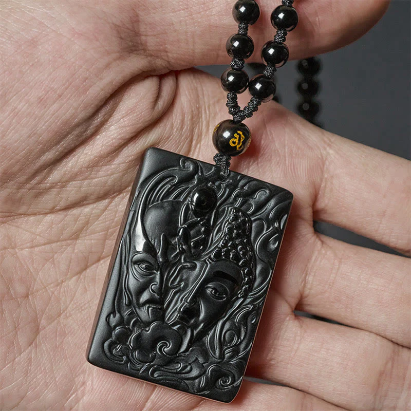 Collana con ciondolo in ossidiana nera e forma a rilievo, metà demone e metà Buddha , Buddha Stones - Image 3