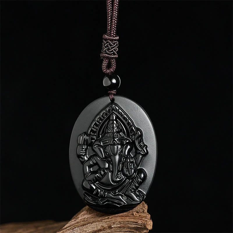 Collana con ciondolo in ossidiana nera naturale con design in rilievo di elefante Buddha Stones - Image 3