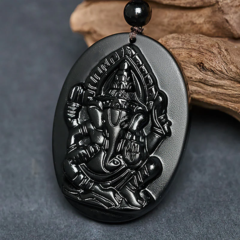 Collana con ciondolo in ossidiana nera naturale con design in rilievo di elefante Buddha Stones - Image 4