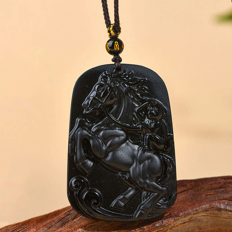 Collana con ciondolo in ossidiana nera naturale dell'anno del cavallo , Buddha Stones