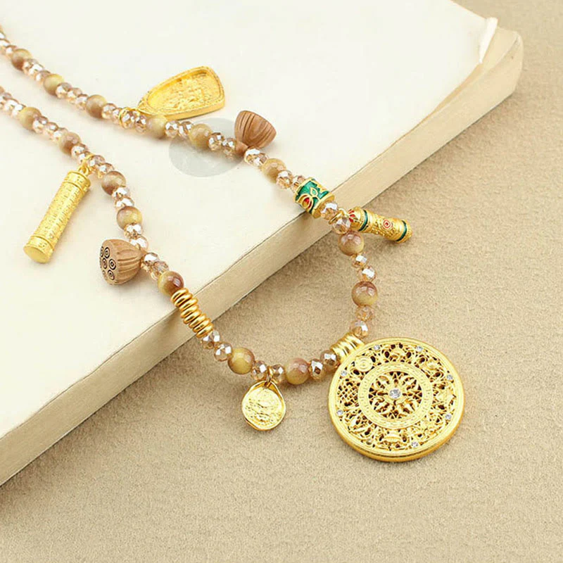 Collana con ciondolo in perle di occhio di tigre dorato, piastra rotonda tibetana con Buddha Stones e loto - Image 2