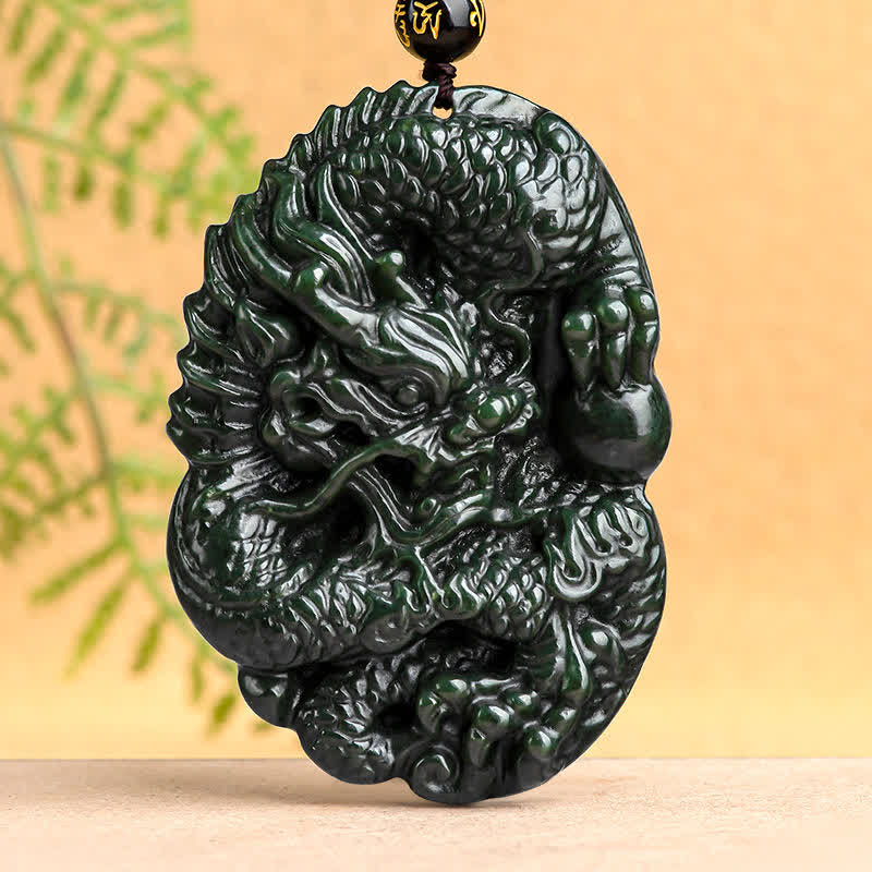 Collana con ciondolo in perline di corda di perline Buddha Stones Hetian Cyan Jade Dragon Success Harmony