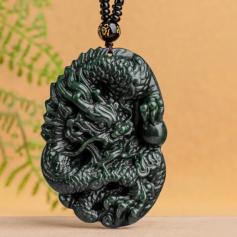 Collana con ciondolo in perline di corda di perline Buddha Stones Hetian Cyan Jade Dragon Success Harmony - Image 2