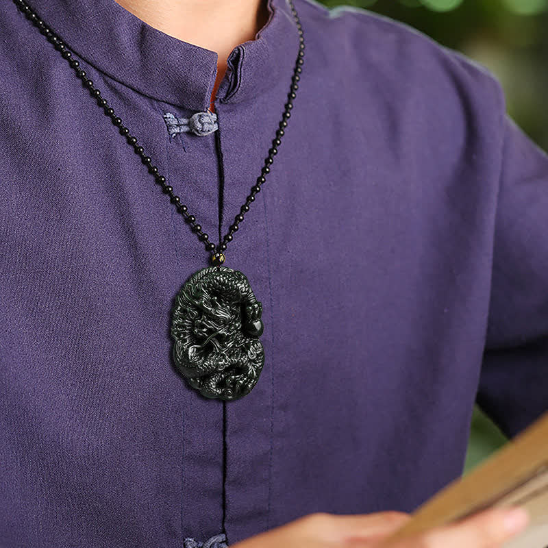 Collana con ciondolo in perline di corda di perline Buddha Stones Hetian Cyan Jade Dragon Success Harmony - Image 3