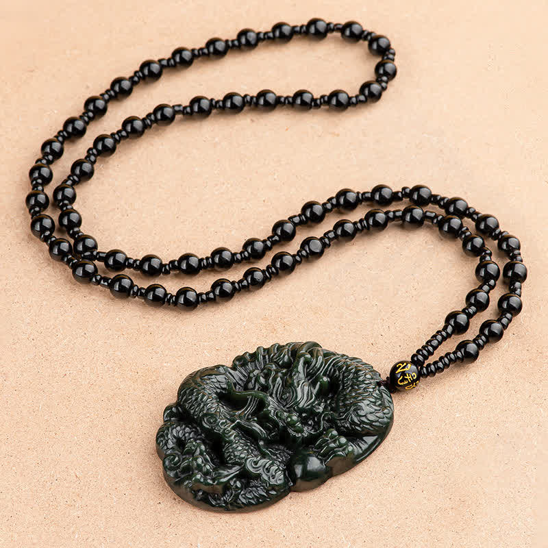 Collana con ciondolo in perline di corda di perline Buddha Stones Hetian Cyan Jade Dragon Success Harmony - Image 5