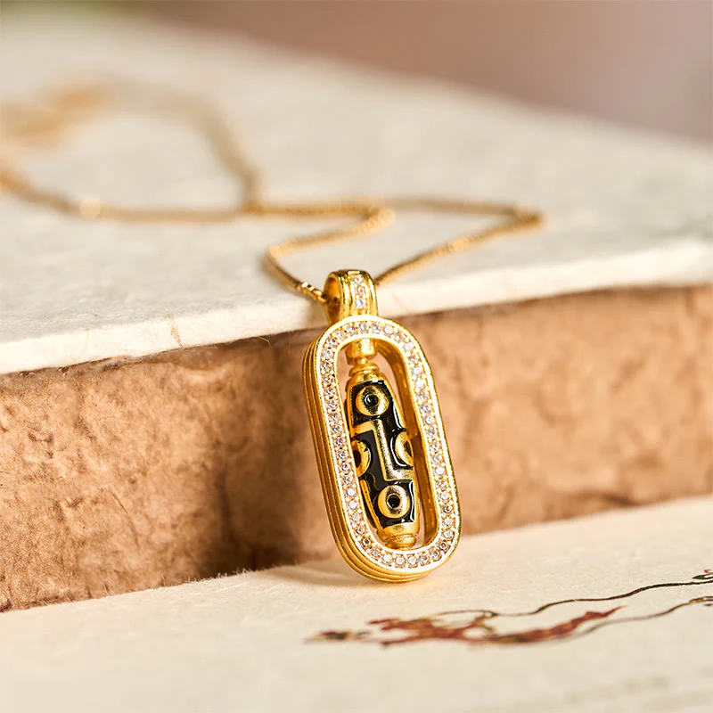Collana con ciondolo di fortuna e ricchezza, con perline Dzi a nove occhi in ottone placcato oro 24k Buddha Stones